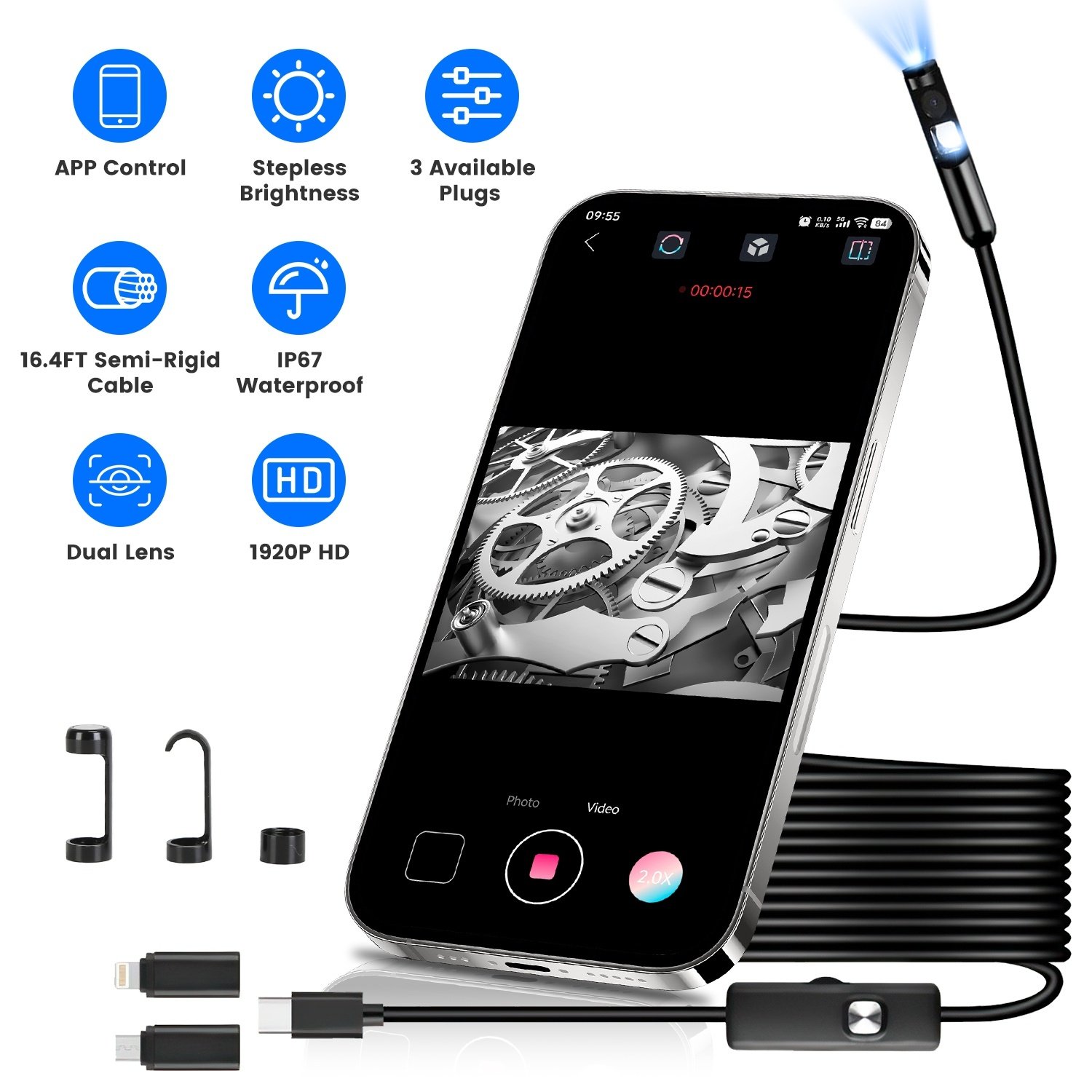 1Set Endoscope Camera 1920P HD IP67 Waterproof Inspection Borescope Tool With Light And 8 & 1 Dual Lens 16.4ft Semi Rigid Snake Cable Stepless Brightness APP Control For IOS And Android - Image 1