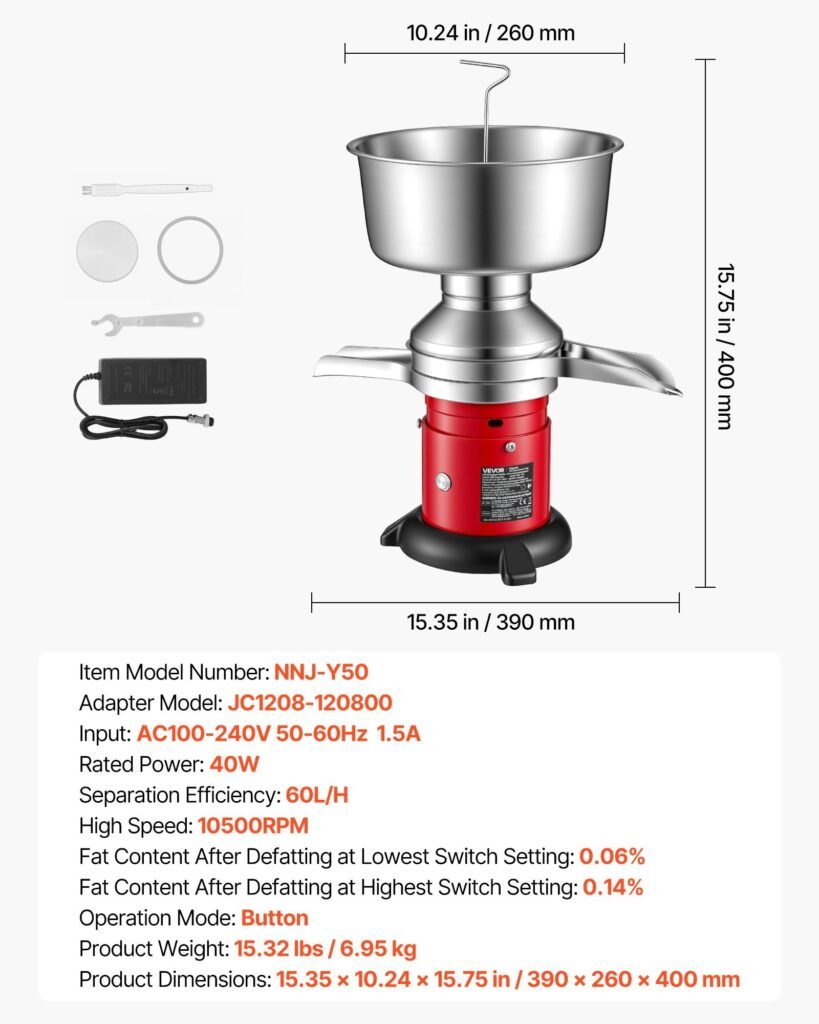 Electric Milk Cream Separator, 60L/H Output 10500RPM Milk Cream Centrifugal Separator, 304 Stainless Steel Goat Cow Milk Skimmer Separating Machine With 4.5L Bowl Capacity (40W, 100-240V)