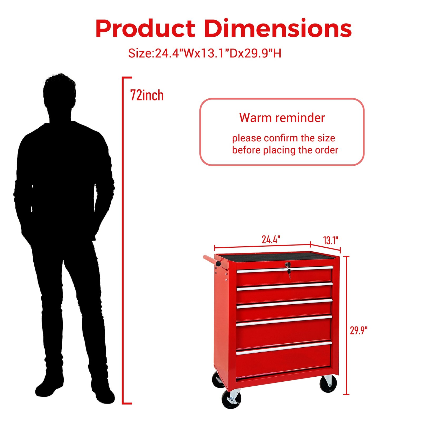 5-Drawer Rolling Tool Chest w/Lock & Key, Tool Storage Cabinet with Wheels, Top Cushion & Drawer Liners, Tool Organizer Box for Garage, Warehouse & Repair Shop-RED - Image 9