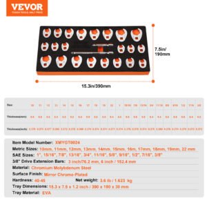 VEVOR Drive Crowfoot Wrench Set With 2 Extension Bars, 24-Piece Crows Foot Wrench Set, SAE  -1inch And Metric 10-22 Mm, CR-MO Steel Crowfoot Wrench Set, With EVA Tool Organizer - Image 2