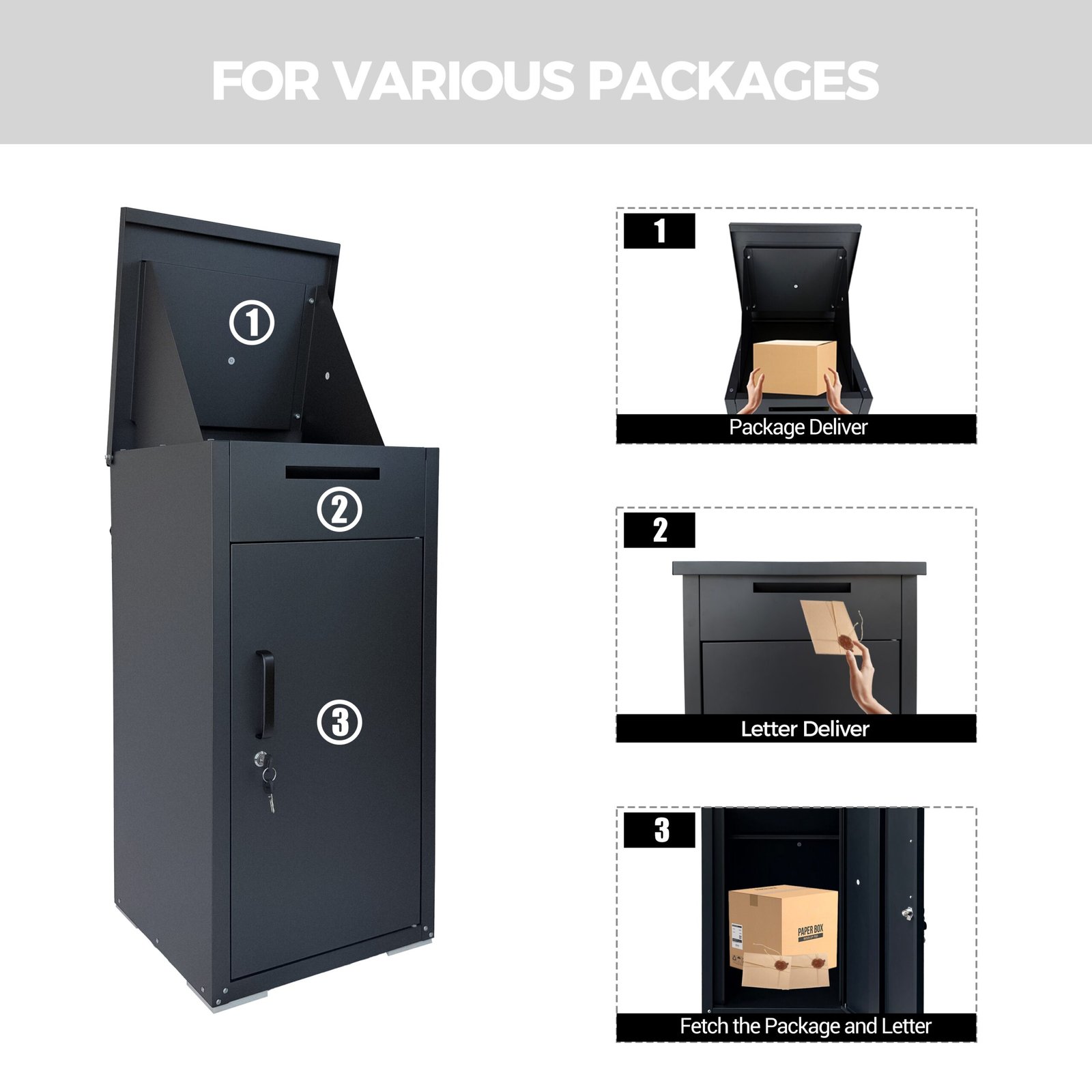 Package Delivery Box for Outside,  Cold-Rolled Steel Delivery Box for Packages & Mails, Anti-Theft Lockable Large Mailbox for Porch, House, Curbside, Black - Image 9