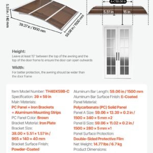 Awnings For Door Entrance, 39 X 59 In, Exterior Front Door Window Awnings With Drainage & Metal Bracket, Rain Snow Sun Protection, Overhang Polycarbonate Door Canopy For Porch Patio, Brown - Image 6