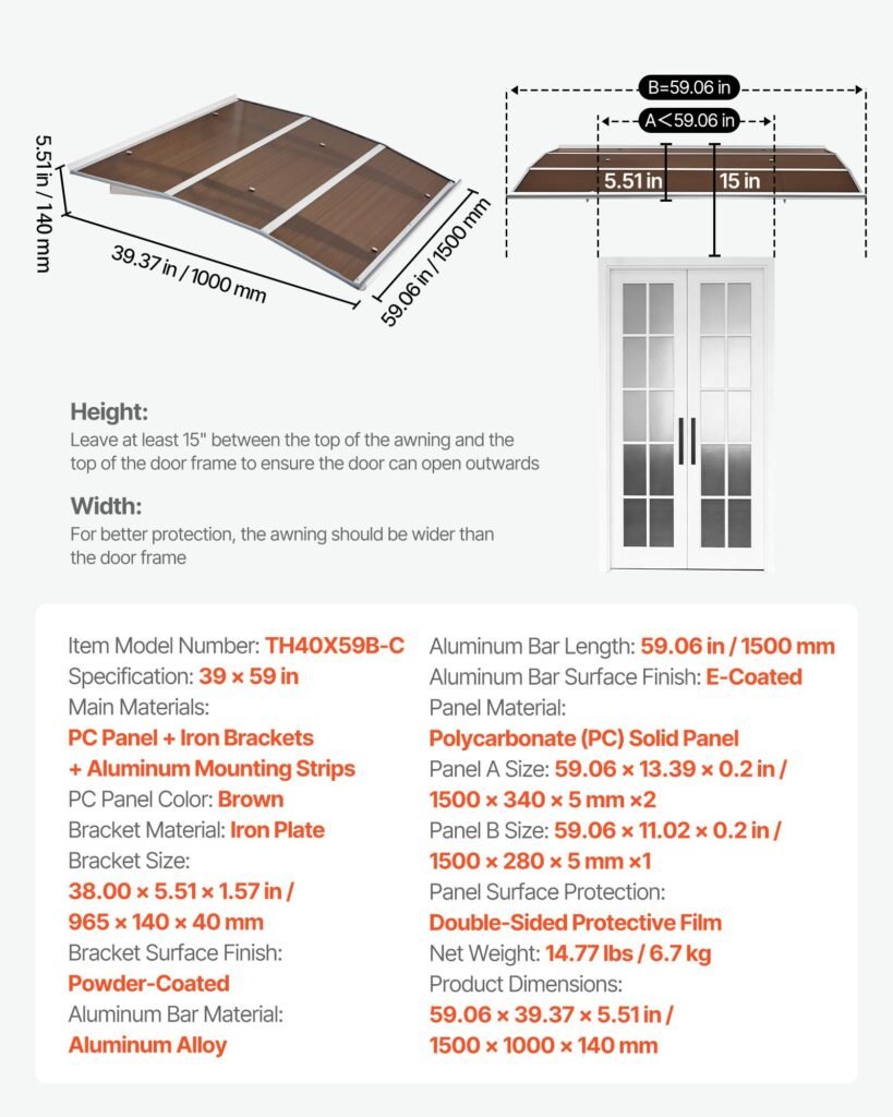Awnings For Door Entrance, 39 X 59 In, Exterior Front Door Window Awnings With Drainage & Metal Bracket, Rain Snow Sun Protection, Overhang Polycarbonate Door Canopy For Porch Patio, Brown