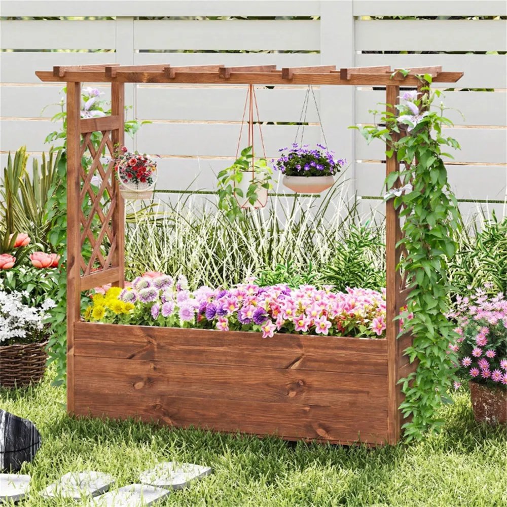 Natural Pine Wood Raised Garden Bed, 100% Solid Pine Construction & Hanging Roof Design