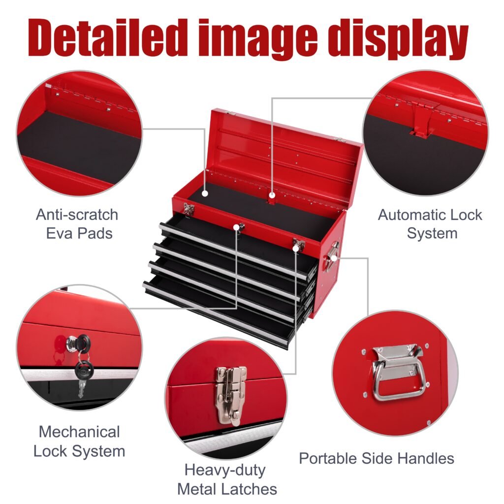 Heavy Duty Metal Tool Box, 21-inch, Portable Metal Tool Box With 4 Drawers, Small Tool Chest With EVA Liners, Ball Bearing Slide Drawers Locking & Powder Coated Finish, Multi-Function Tool Organizer