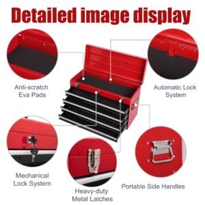 Heavy Duty Metal Tool Box, 21-inch, Portable Metal Tool Box With 4 Drawers, Small Tool Chest With EVA Liners, Ball Bearing Slide Drawers Locking & Powder Coated Finish, Multi-Function Tool Organizer - Image 9