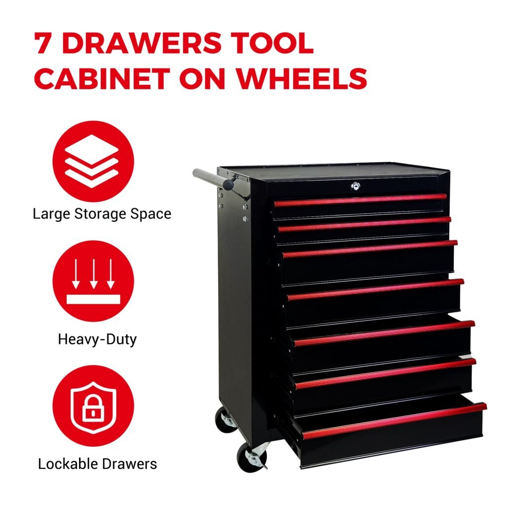 7-Drawer Rolling Tool Storage Cabinet With Detachable Top Tool Box, Universal Lockable Wheels, Adjustable Shelf, Locking Mechanism, Metal Tool Cart For Garage Workshop,Dark Space Black