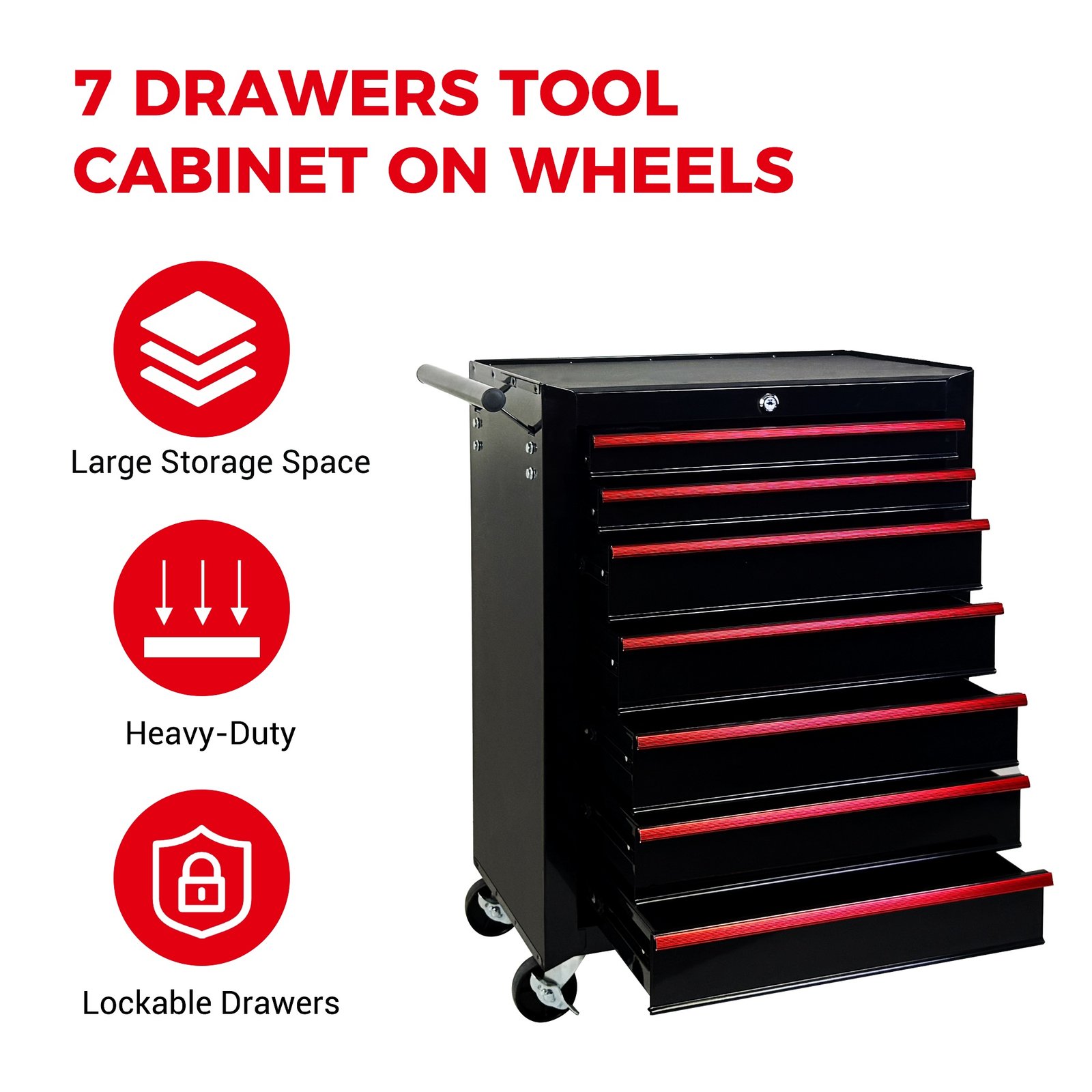 7-Drawer Rolling Tool Storage Cabinet With Detachable Top Tool Box, Universal Lockable Wheels, Adjustable Shelf, Locking Mechanism, Metal Tool Cart For Garage Workshop,Dark Space Black - Image 8