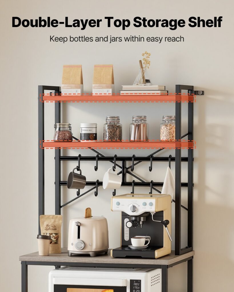 Kitchen Bakers Rack, 23.6 Inch Width Bakers Rack, Kitchen Stand With X-Shaped Support Bar, 12 S-Shaped Hooks, Double-Layer Top Shelf, Coffee Bar Stand For Dishes & Bowls, Spice Bottles