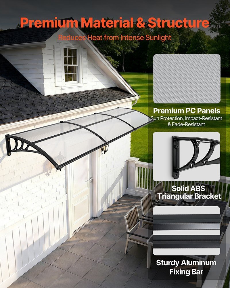 Awnings For Door Entrance, 38 X 117 In, Exterior Front Door Window Awnings With Drainage & ABS Bracket, Rain Snow Sun Protection, Overhang Polycarbonate Door Canopy For Porch Patio, Clear