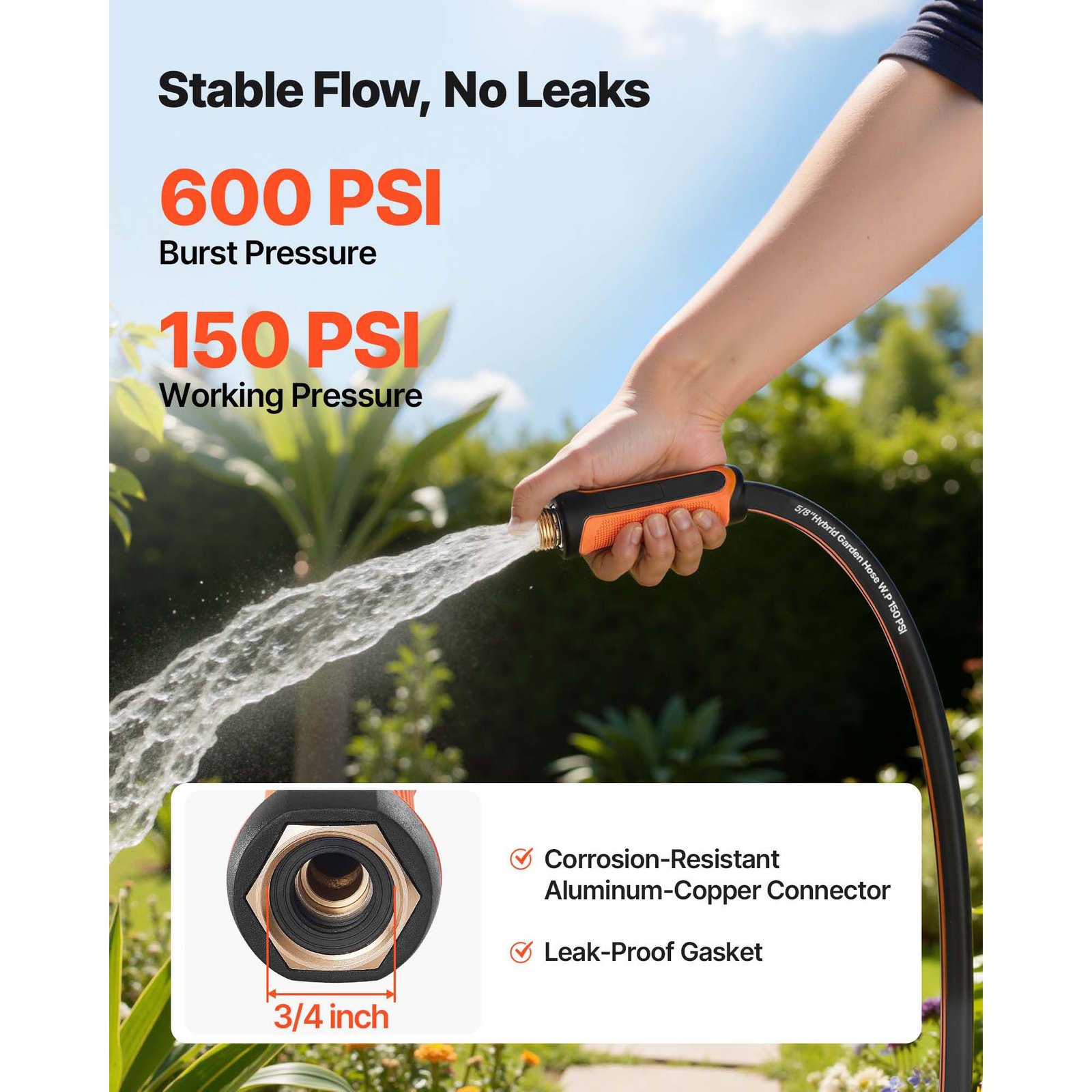 Garden Hose, 75 Ft 5 8 Heavy Duty 4-Layer Rubber Water Hose, 150PS Working & 600PS Burst, Flexible & Non-kink Outdoor Waterhose With 3 4 Fitting, Lightweight Hoses For Gardening Cleaning - Image 5