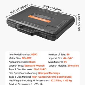 Tap And Die Set, 86-Piece Metric And SAE Sizes M3 To M12, #4 To 5/8", With Coarse And Fine Thread Taps And Dies, Wrench, Carrying Case And Complete Accessories, For Threading And Rethreading - Image 1