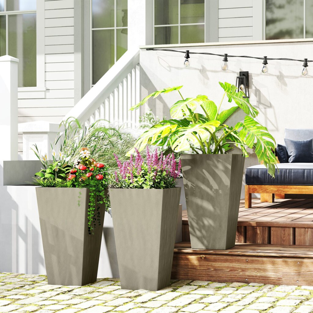 Tall Planters for Outdoor Plants Set of 3, 28 In Taper Planters with Drainage Holes, Indoor Grande Plant Pots, Front Porch Decor, Grey