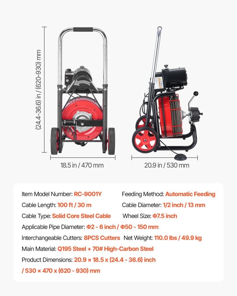 Drain Cleaner Machine 100 FT X 1/2 Inch, Auto Feed Sewer Snake Auger On Wheels - With 8 Cutters & Air-Activated Foot Switch For 2" To 6" Pipes