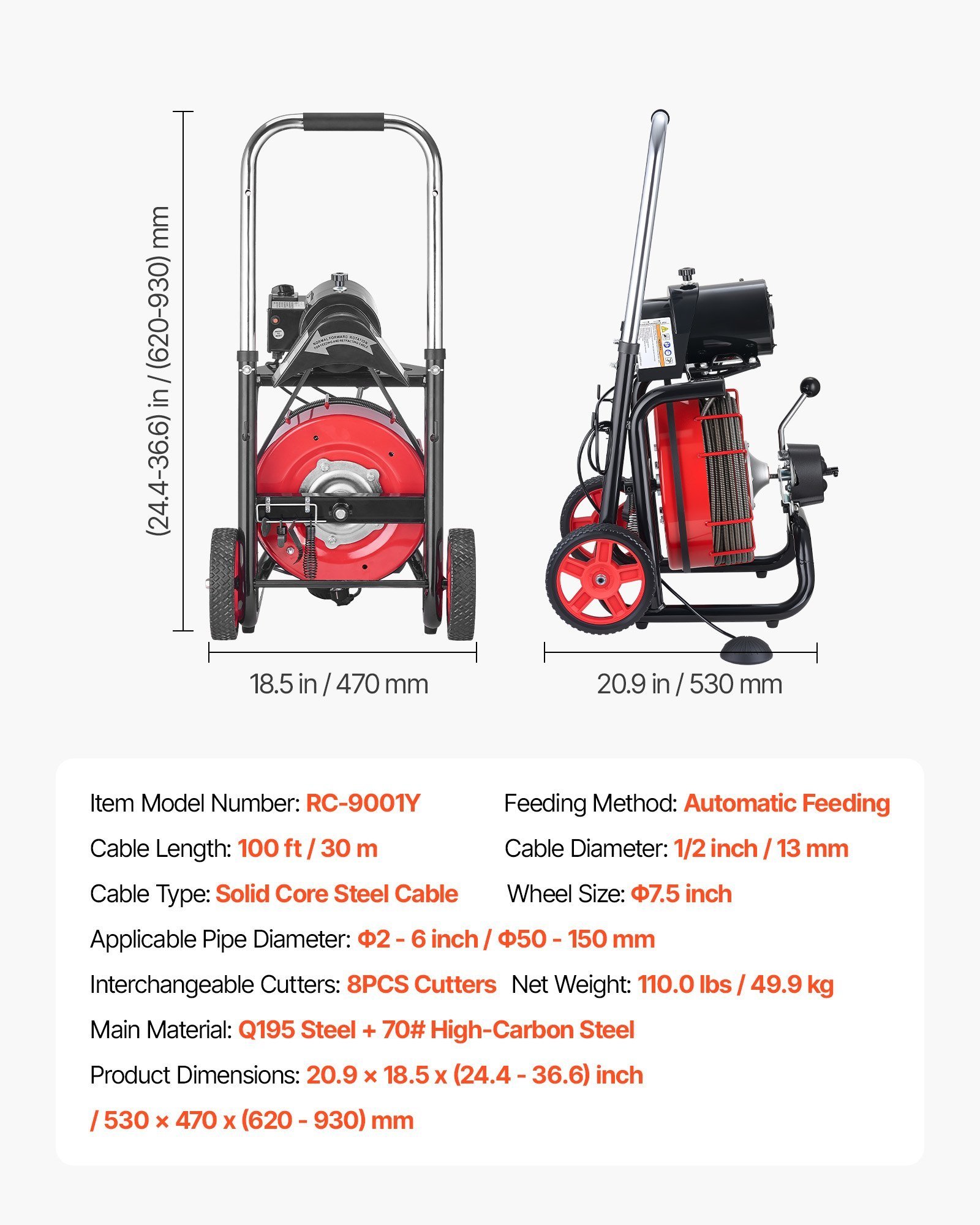 Drain Cleaner Machine 100 FT X 1/2 Inch, Auto Feed Sewer Snake Auger On Wheels - With 8 Cutters & Air-Activated Foot Switch For 2" To 6" Pipes - Image 6