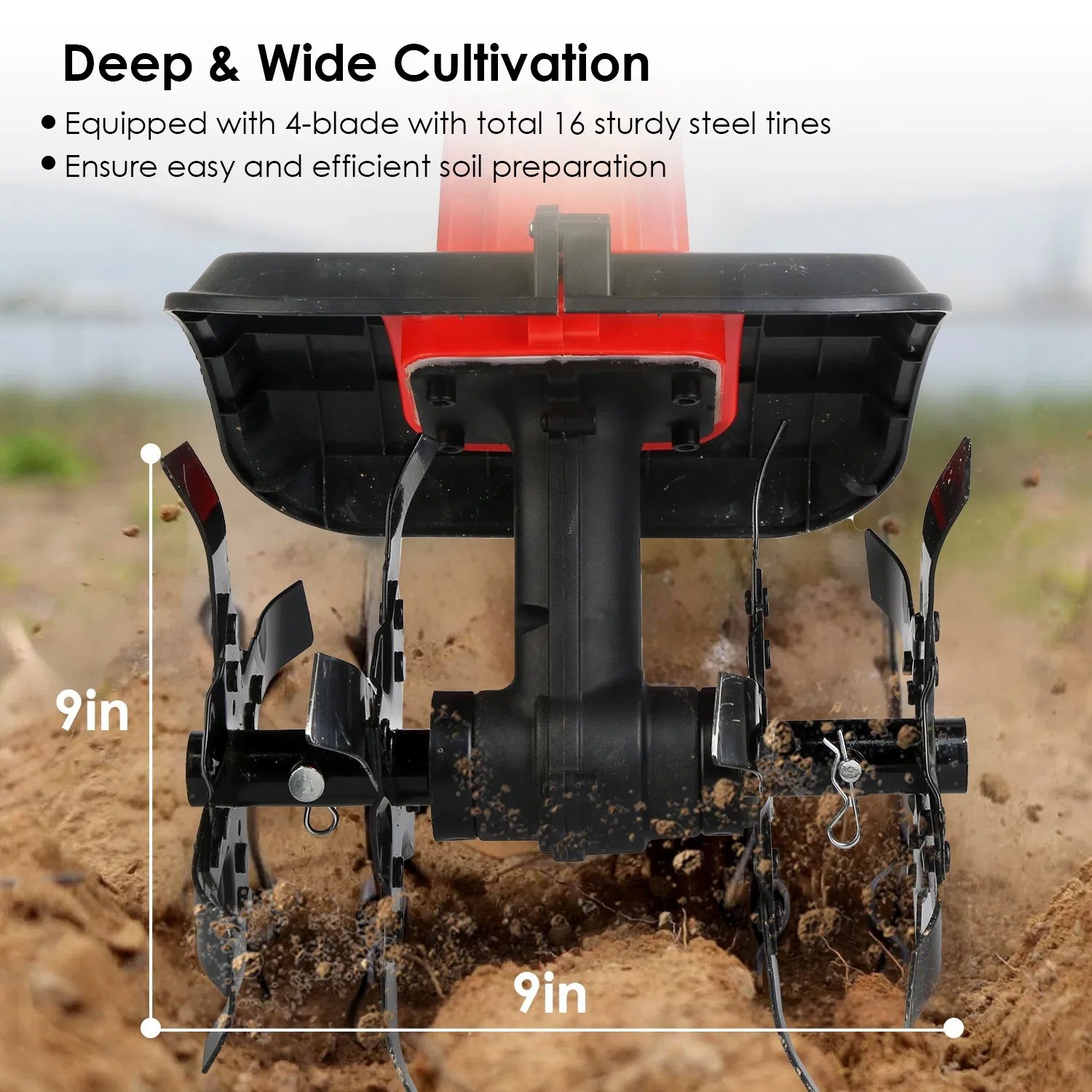 21V Electric Cordless Tiller Cultivator Powered Garden Tiller With 4 Blades 16 Steel Tines 550W 300RPM 4000mAh Battery Tilling 9-in Width & 9-in Depth For Lawn Gardening Soil Cultivation - Image 6