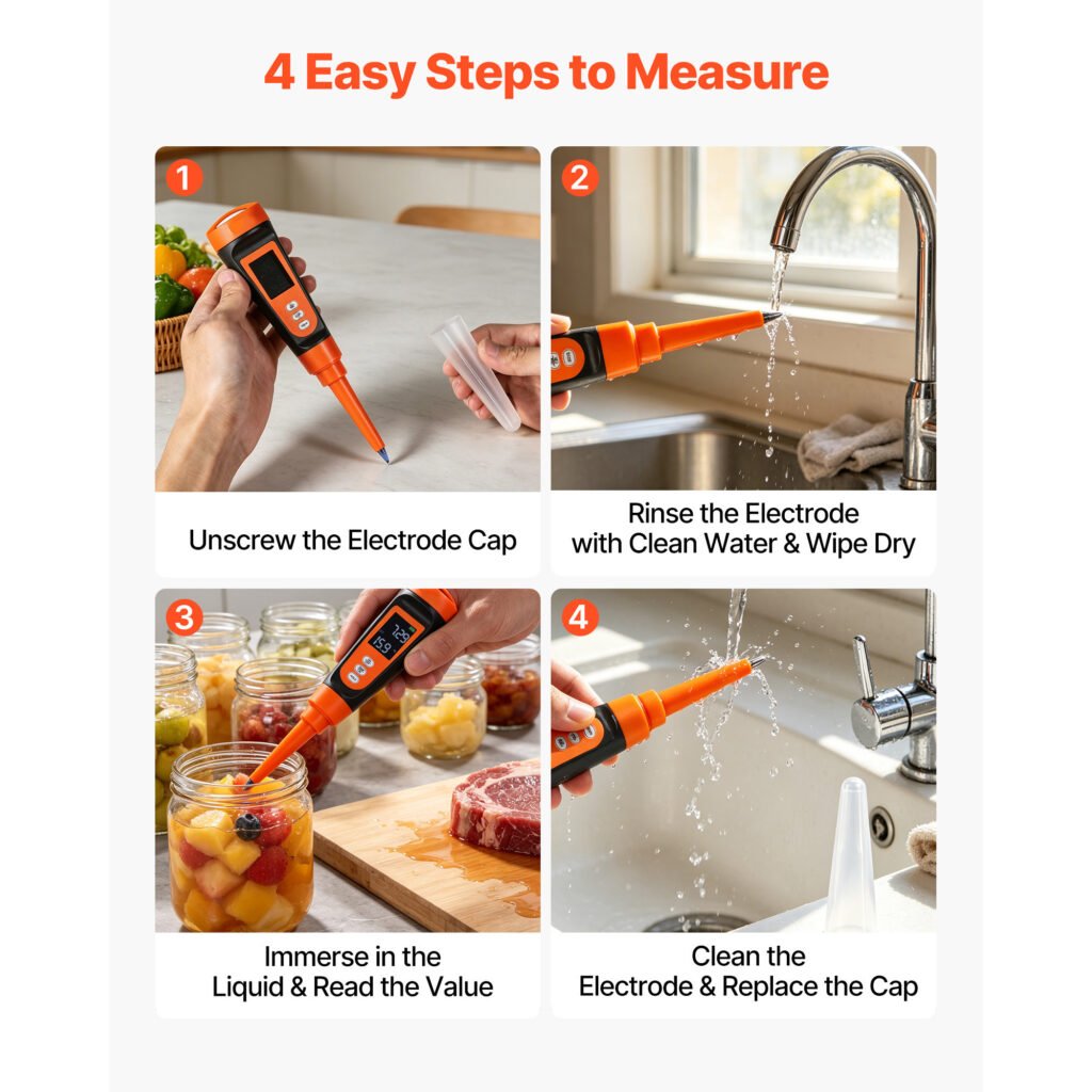 Food PH Meter, 0-14 PH Range, IP68 Waterproof Probe, Pocket Tester Kit With Automatic Temperature Compensation, Calibration Powder Packets, Easy To Read, For Food Fermentation, Dough, Meat