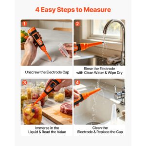 Food PH Meter, 0-14 PH Range, IP68 Waterproof Probe, Pocket Tester Kit With Automatic Temperature Compensation, Calibration Powder Packets, Easy To Read, For Food Fermentation, Dough, Meat - Image 5