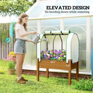 Raised Garden Bed with PE Greenhouse Cover Outdoor Planter Box for Herbs and Vegetables, 35 x 22 x 47 inch, Brown - Image 5