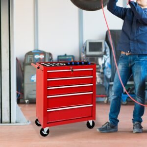 5-Drawer Rolling Tool Chest w/Lock & Key, Tool Storage Cabinet with Wheels, Top Cushion & Drawer Liners, Tool Organizer Box for Garage, Warehouse & Repair Shop-RED - Image 7