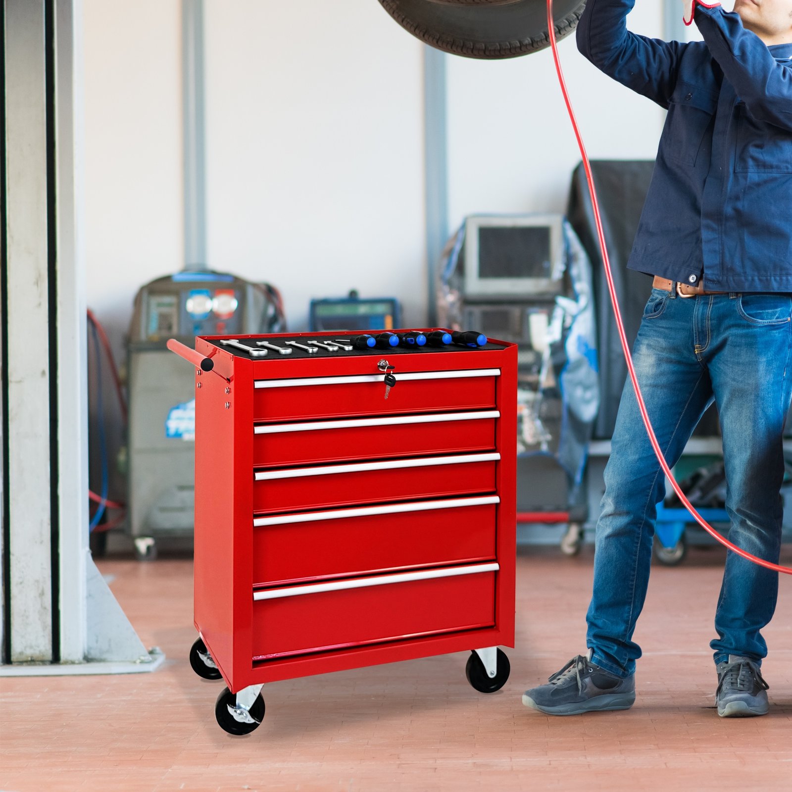5-Drawer Rolling Tool Chest w/Lock & Key, Tool Storage Cabinet with Wheels, Top Cushion & Drawer Liners, Tool Organizer Box for Garage, Warehouse & Repair Shop-RED - Image 7