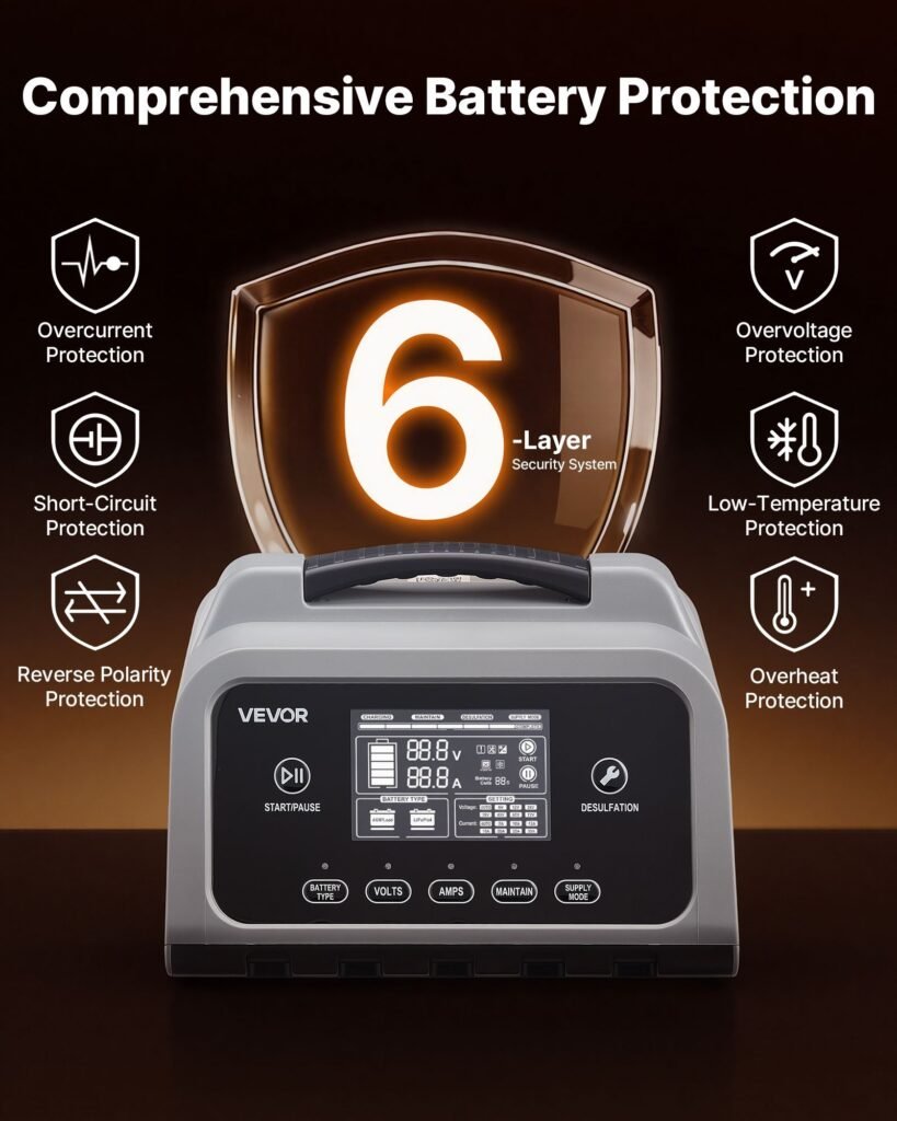 Smart Battery Charger, 25A, 6V 12V 24V Lithium LiFePO4 Lead-Acid (Gel/AGM) Car Battery Charger, With LCD Display, Trickle Charging Maintainer Desulfator, For Car, Boat, Motorcycle, Lawn Mowers
