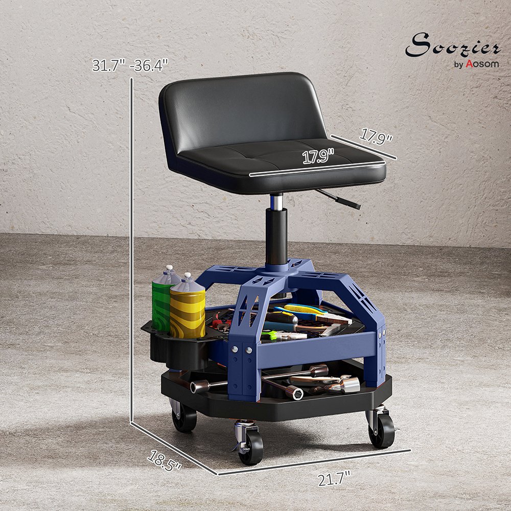 Rolling Creeper Garage Stool, 300 LBS Capacity Mechanic Stool With 360 Degrees Wheels, Tool Tray, Adjustable Height, Blue