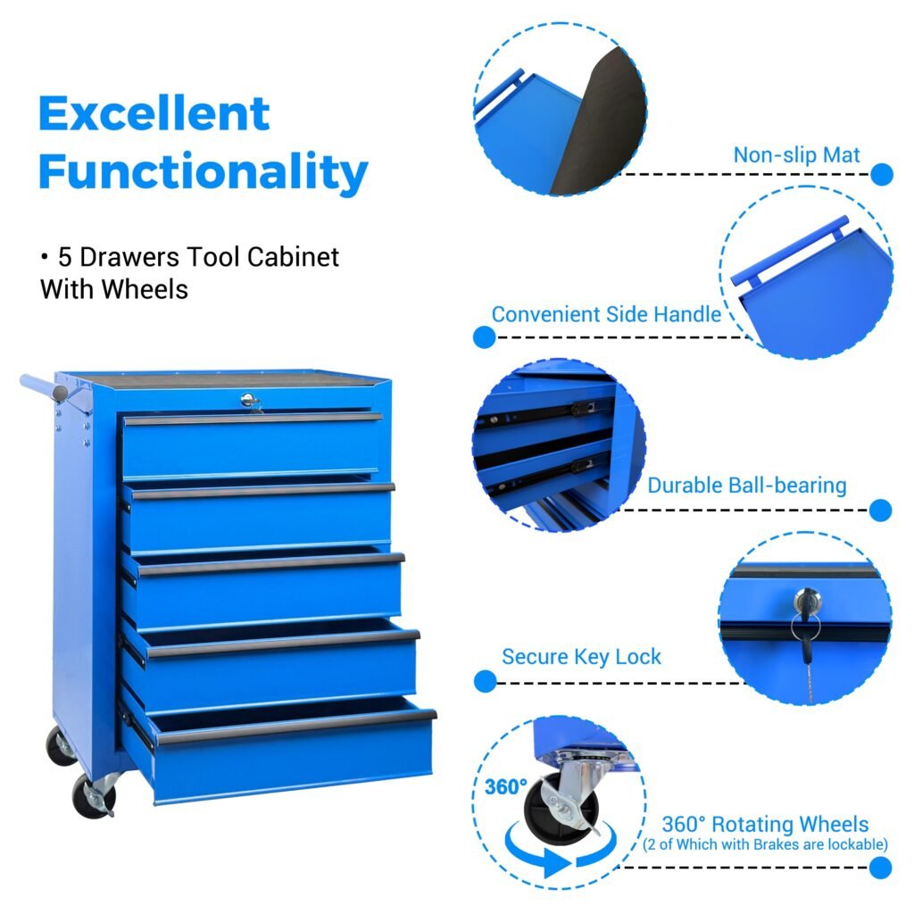 Rolling Metal Tool Chest with 5 Drawers, 20" 5-Drawer Tool Chest Cabinet with Ball Bearing Drawer Slides, Steel Tool Storage Box Organizer -BLUE