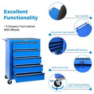 Rolling Metal Tool Chest with 5 Drawers, 20" 5-Drawer Tool Chest Cabinet with Ball Bearing Drawer Slides, Steel Tool Storage Box Organizer -BLUE - Image 3