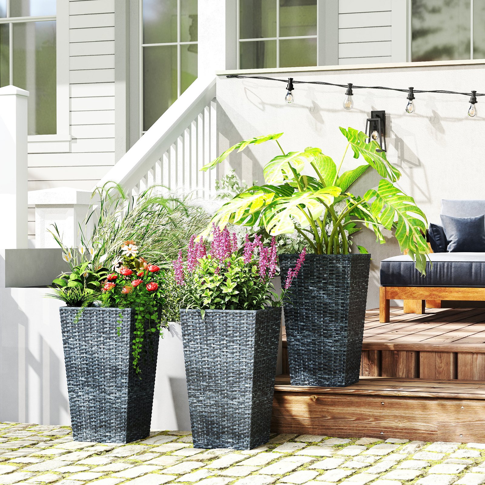 Tall Planters for Outdoor Plants Set of 3, 24 In Taper Planters with Drainage Holes, Rattan Decor Plant Pots for Indoor Outdoor Front Porch Patio Backyard, Gray - Image 1