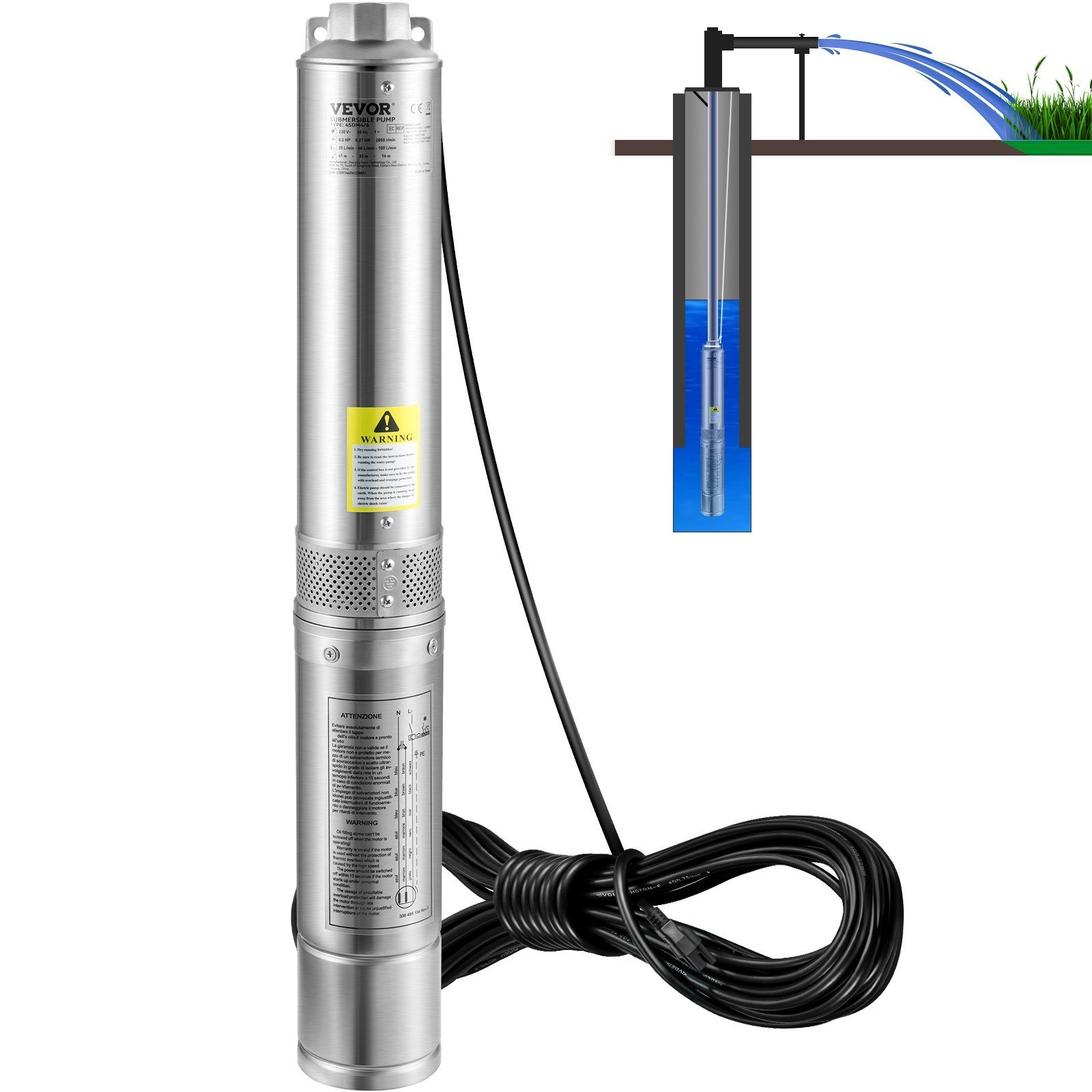 Deep Well Submersible Pump, 0.5HP 115V/60Hz, 28gpm Flow 167ft Head, With 33ft Electric Cord, 4" Stainless Steel Water Pumps For Industrial, Irrigation&Home Use, IP68 Waterproof Grade - Image 1