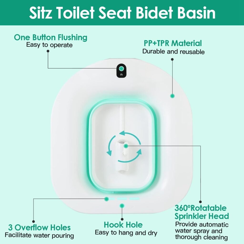 1Pc Foldable Postpartum Care Basin Sitz Toilet Seat Bidet Basin Battery Powered Toilet Bidet For Pregnant Postpartum Hemorrhoid Elderly Care 1400ML 47Oz