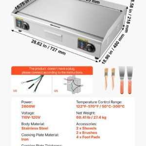 Commercial Electric Griddle, 28.54 X 15.75 In, 2800W, 122-570°F Adjustable Temp Control, Stainless Steel Countertop Flat Top Grill With 2 Spatulas, 2 Brushes, And 4 Foot Pads, For Steak - Image 1