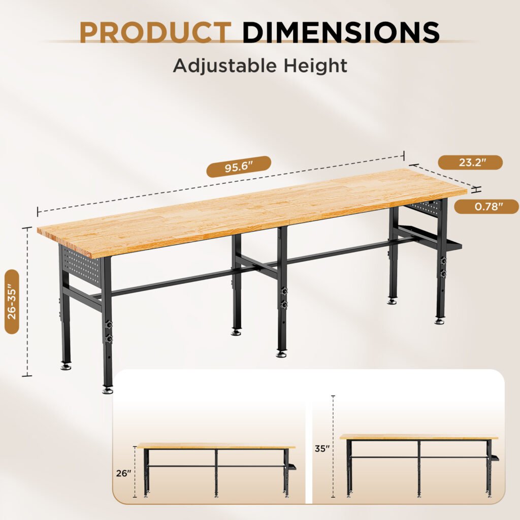 96in Adjustable Workbench With Side Pegboard, Solid Wood Top, 2000 Lbs Capacity, Adjustable Height Garage Work Table With Power Outlet, Storage Box, Wheels Or Leveling Feet