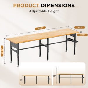 96in Adjustable Workbench With Side Pegboard, Solid Wood Top, 2000 Lbs Capacity, Adjustable Height Garage Work Table With Power Outlet, Storage Box, Wheels Or Leveling Feet - Image 5