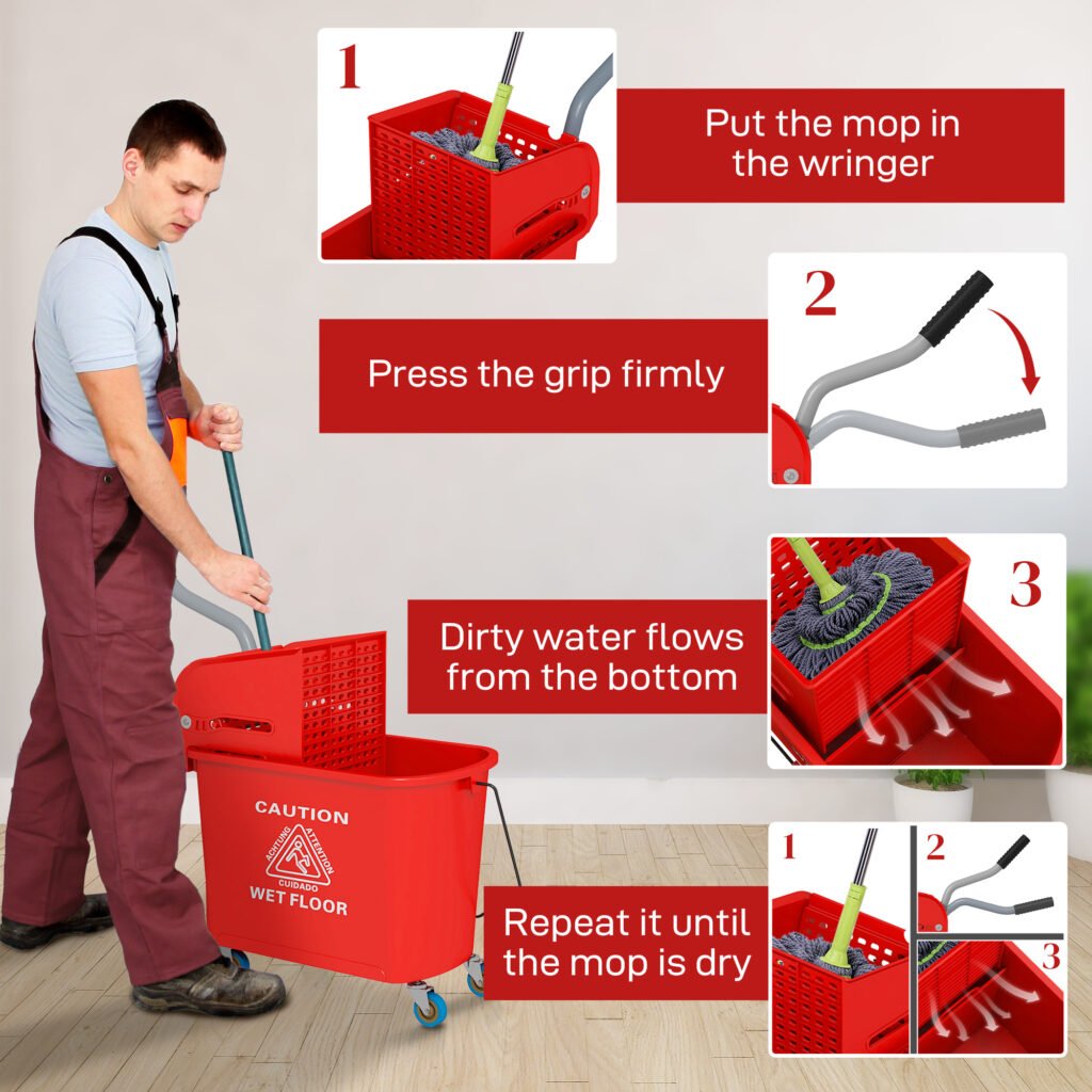 Compact Mop Bucket with Wringer, Mop Bucket on Wheels for Floor Cleaning, 21 Quart, Separate Dirty and Clean Water, Red