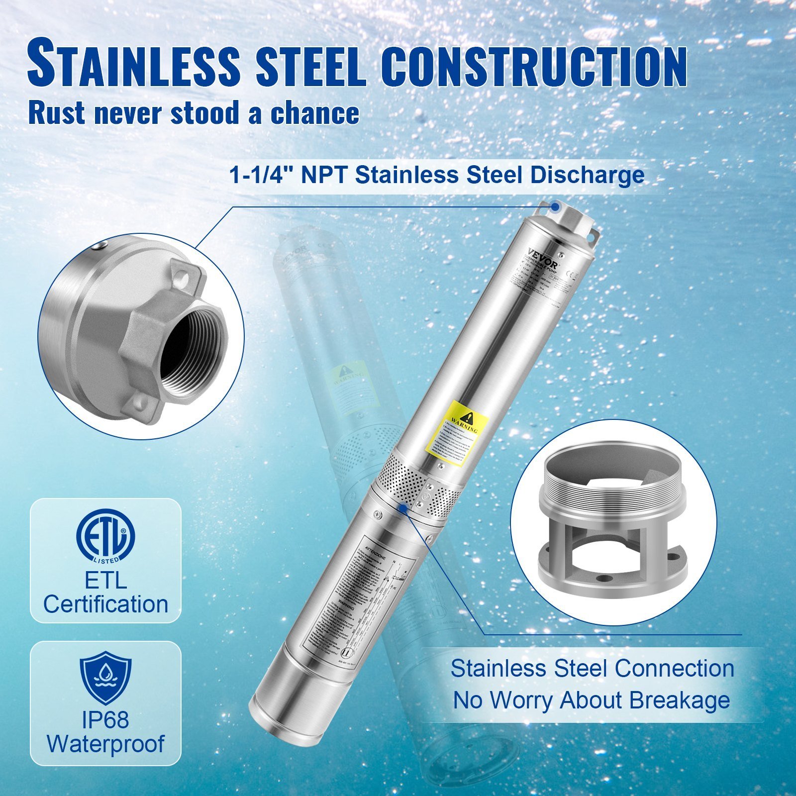Deep Well Submersible Pump, 0.5HP 115V/60Hz, 28gpm Flow 167ft Head, With 33ft Electric Cord, 4" Stainless Steel Water Pumps For Industrial, Irrigation&Home Use, IP68 Waterproof Grade - Image 3