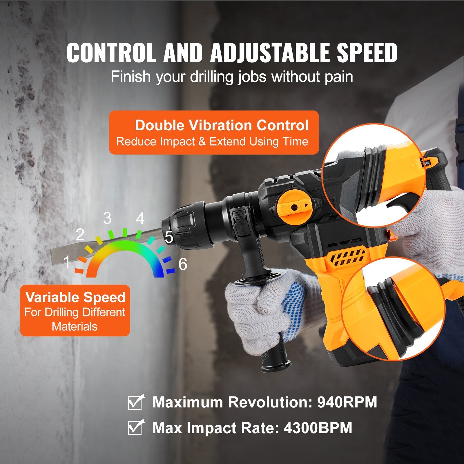 Rotary Hammer Drill Corded Drills 1-1'4' 4 Modes SDS-Plus Chipping Hammers - Image 6
