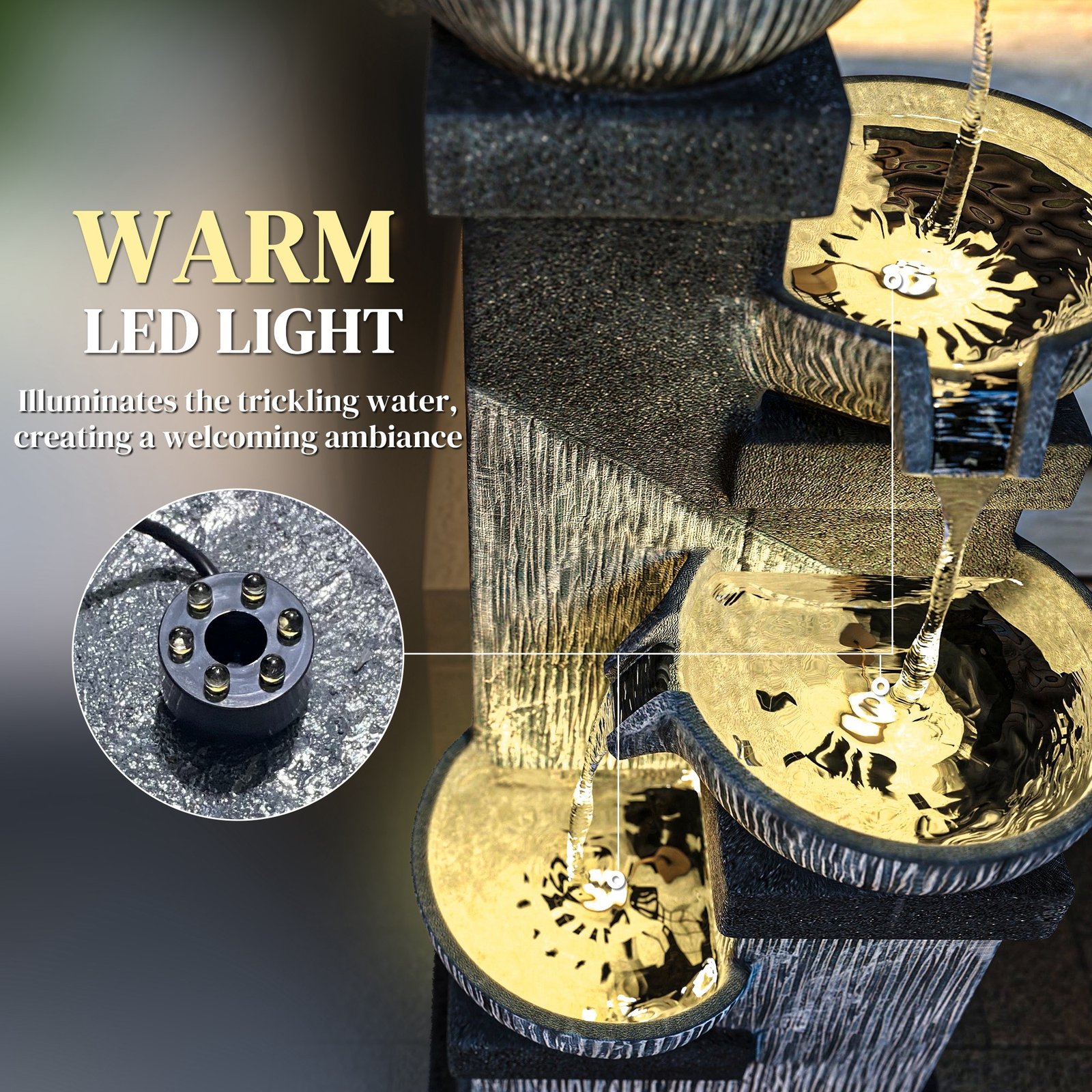 33.5" Water Fountain, 4-Tier Resin Cascading Bowls Outdoor Waterfall Fountain with LED Lights, Pump - Image 3