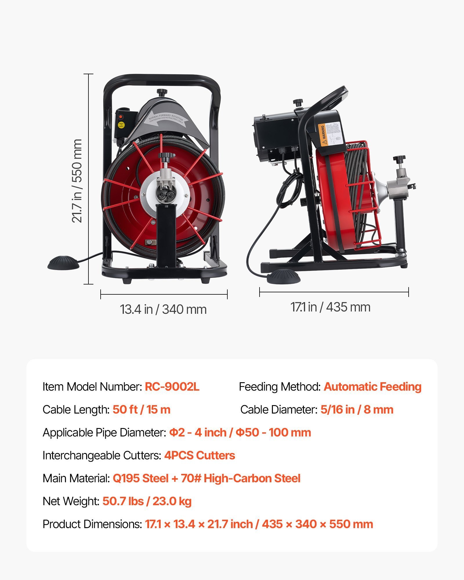 Drain Cleaner Machine 50 FT X 5/16 Inch, Auto Feed Sewer Snake Auger With 4 Cutters & Air-Activated Foot Switch For 2" To 4" Pipes - Image 6