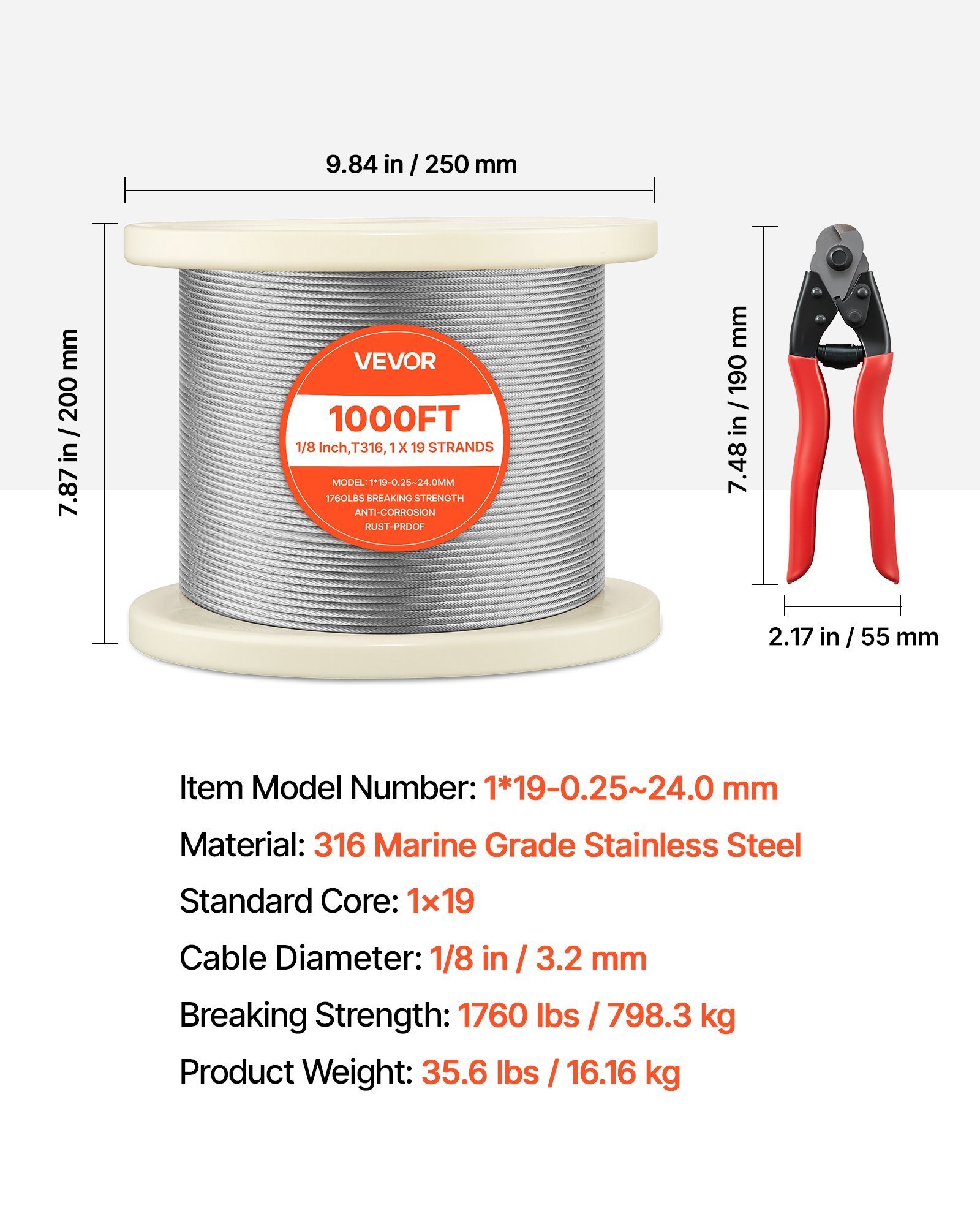 1/8 Inch Wire Rope, 1000 Ft Length, 316 Stainless Steel Wire Cable With Cutter, 1760 Lbs Breaking Strength, 1 X 19 Strands Construction, Steel Cable For Deck Railing System, Garden Trellis - Image 6