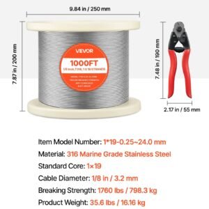 1/8 Inch Wire Rope, 1000 Ft Length, 316 Stainless Steel Wire Cable With Cutter, 1760 Lbs Breaking Strength, 1 X 19 Strands Construction, Steel Cable For Deck Railing System, Garden Trellis - Image 1
