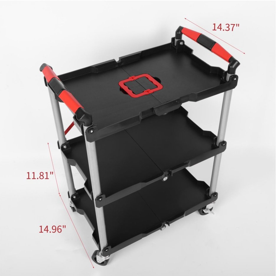 Foldable Utility Service Cart, 3 Shelf Heavy Duty Plastic Rolling Cart With Swivel Wheels 2 With Brakes, Ergonomic Handle, Portable Garage Tool Cart For Warehouse Office Home