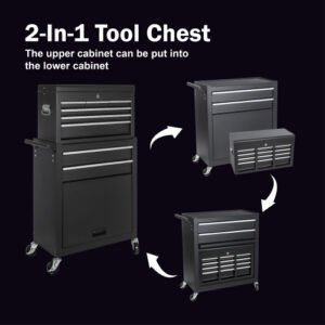 Tool Chest, 8-Drawer Rolling Tool Storage Cabinet With 2 In 1 Detachable Top Tool Box, Liner, Lockable Wheels, Side Hooks, Locking Mechanism, Metal Tool Cart For Garage - Image 4