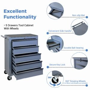 5-Drawer Rolling Tool Storage Cabinet With Detachable Top Tool Box, Universal Lockable Wheels, Adjustable Shelf, Locking Mechanism, Metal Tool Cart For Garage Workshop - Image 7