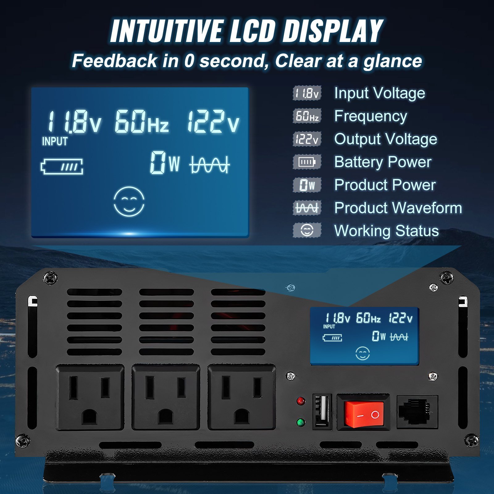 Pure Sine Wave Inverter, 2500 Watt Power Inverter, DC 12V To AC 120V Car Inverter, With USB Port, LCD Display, And Remote Controller Power Converter, For RV Truck Car Solar System Travel Camping - Image 5