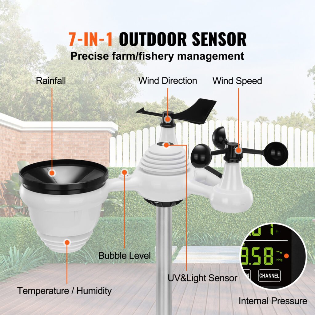 VEVOR 7-in-1 Wireless Weather Station, 7.5 In Large Color Display, Digital Home Weather Station Indoor Outdoor, For Temperature Humidity Wind Speed,Direction Rain UV, With Forecast Data, Alarm, Alerts