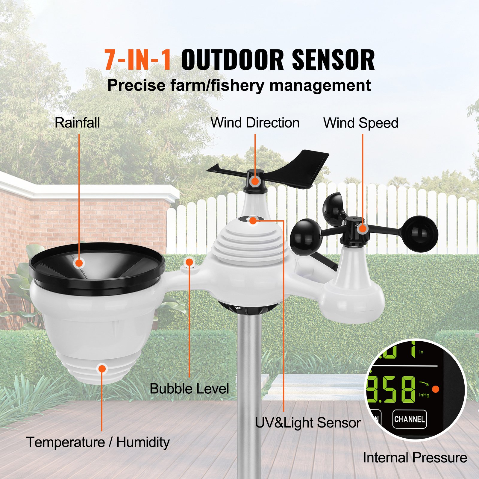 VEVOR 7-in-1 Wireless Weather Station, 7.5 In Large Color Display, Digital Home Weather Station Indoor Outdoor, For Temperature Humidity Wind Speed,Direction Rain UV, With Forecast Data, Alarm, Alerts - Image 3