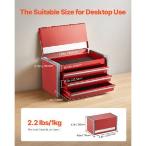 Tool Box 8.6-inch Portable Metal Tool Box 3 Drawers Tool Organizer Red - Image 8