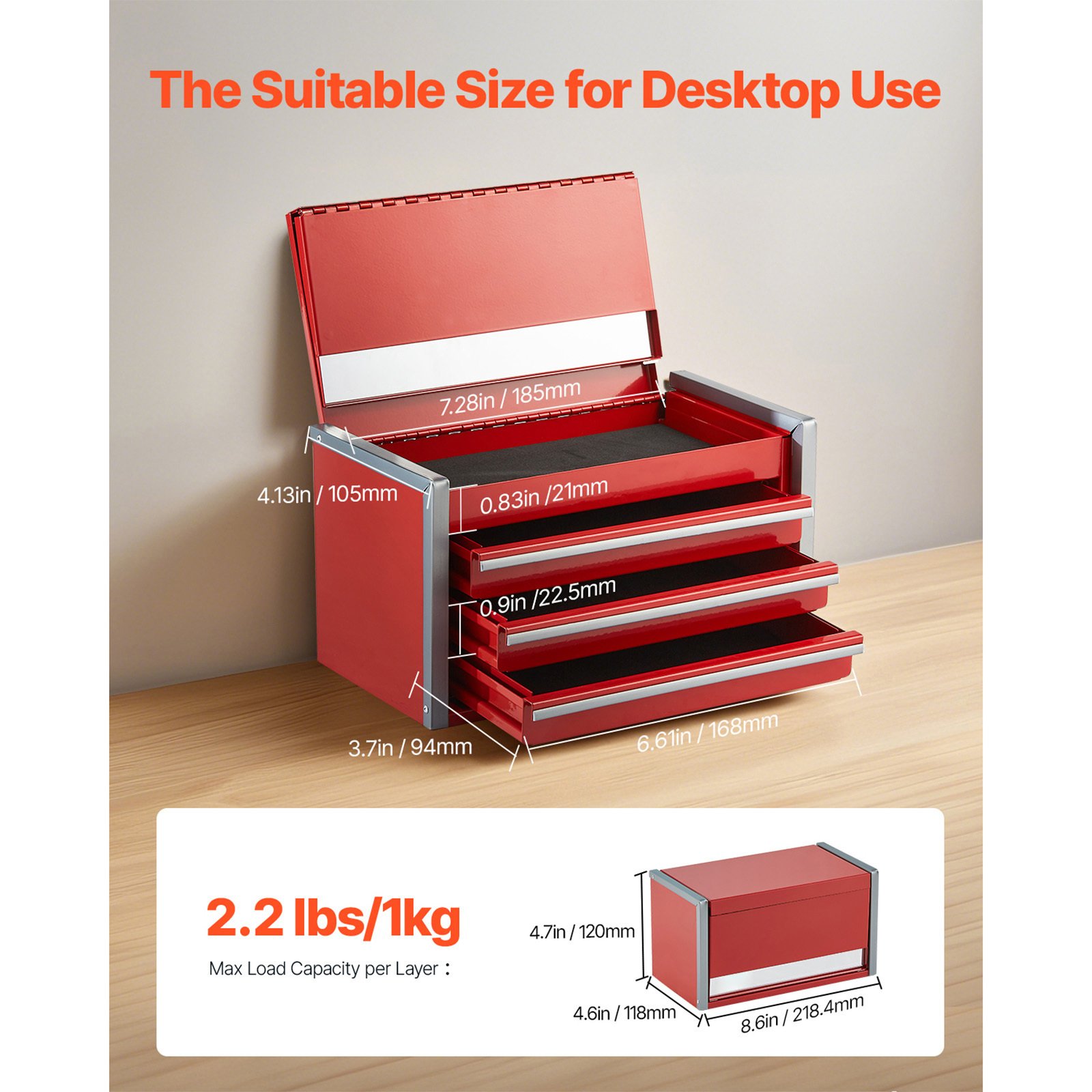 Tool Box 8.6-inch Portable Metal Tool Box 3 Drawers Tool Organizer Red - Image 8